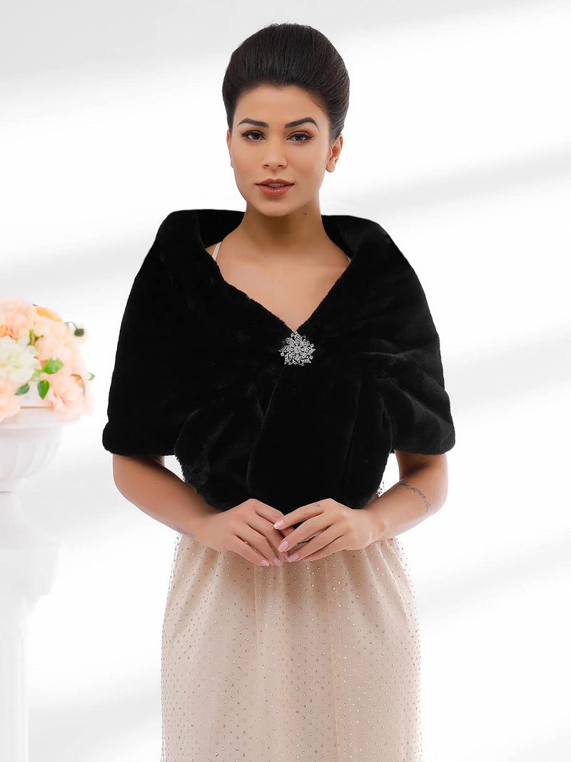 Jovono Women's Wedding Fur Wraps and Shawls Bridal Fur Stole and Scarves for Bridesmaid (Black) - Image 3